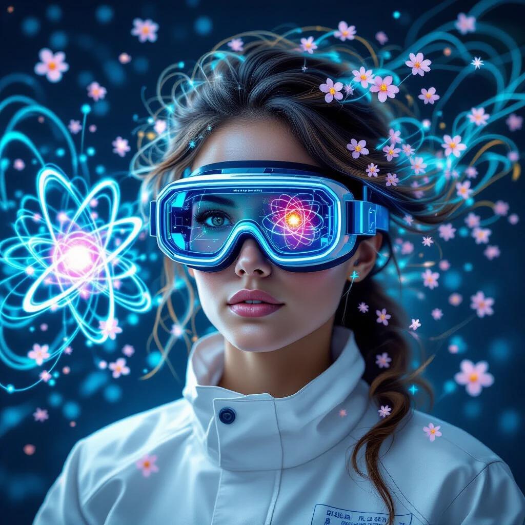 Digital art portrait of a quantum physicist wearing advanced goggles. Goggles visualize subatomic particles and quantum fields. Hair appears as flowing energy strands. Cherry blossom molecules float around. Scientific diagrams and equations surround her. Radiation protective suit worn. Artistic style is photorealistic with vibrant colors and scientific effects.