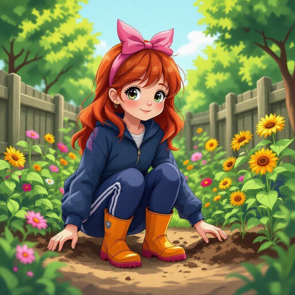 A young girl with red hair and a pink bow kneels in a vibrant flower garden. She wears a navy blue tracksuit and orange wellies. The scene is cheerful and bright, set in a school allotment as part of a gardening class.