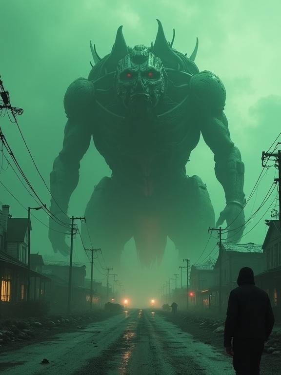 Cybernetic monster towers over a destroyed town. Dark palette creates a dystopian effect. The atmosphere is filled with acidic green fog. The monster features red glowing eyes. The scene captures the tension of a world just after war. Focus on realism in a surreal setting.