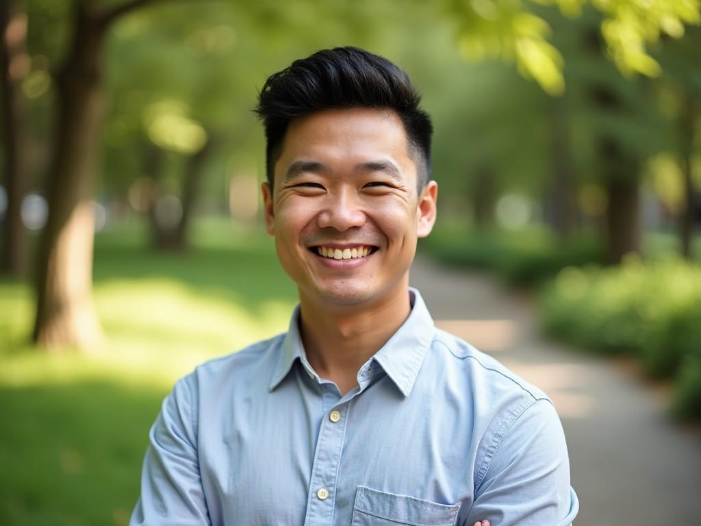 A smiling Asian male stands outdoors in a park, exuding a welcoming presence. He has a friendly demeanor that radiates positive energy. The background is rich with lush greenery, creating a tranquil setting. The image captures the essence of joy and confidence, celebrating the beauty of diversity. He is wearing a casual button-up shirt, enhancing his relaxed appearance. The natural lighting adds warmth, making the scene inviting for viewers.