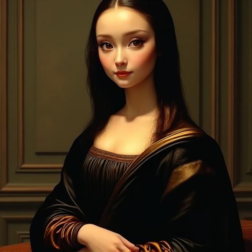 A semi-realistic female android with porcelain skin and warm, inviting eyes. The android has a gentle smile and large, rounded eyes with golden flecks. Hair is glossy and styled in waves. Wearing an elegant mini skirt suit inspired by classical art. Delicate glowing circuits on the face. Background is a warm, dimly lit Renaissance room.