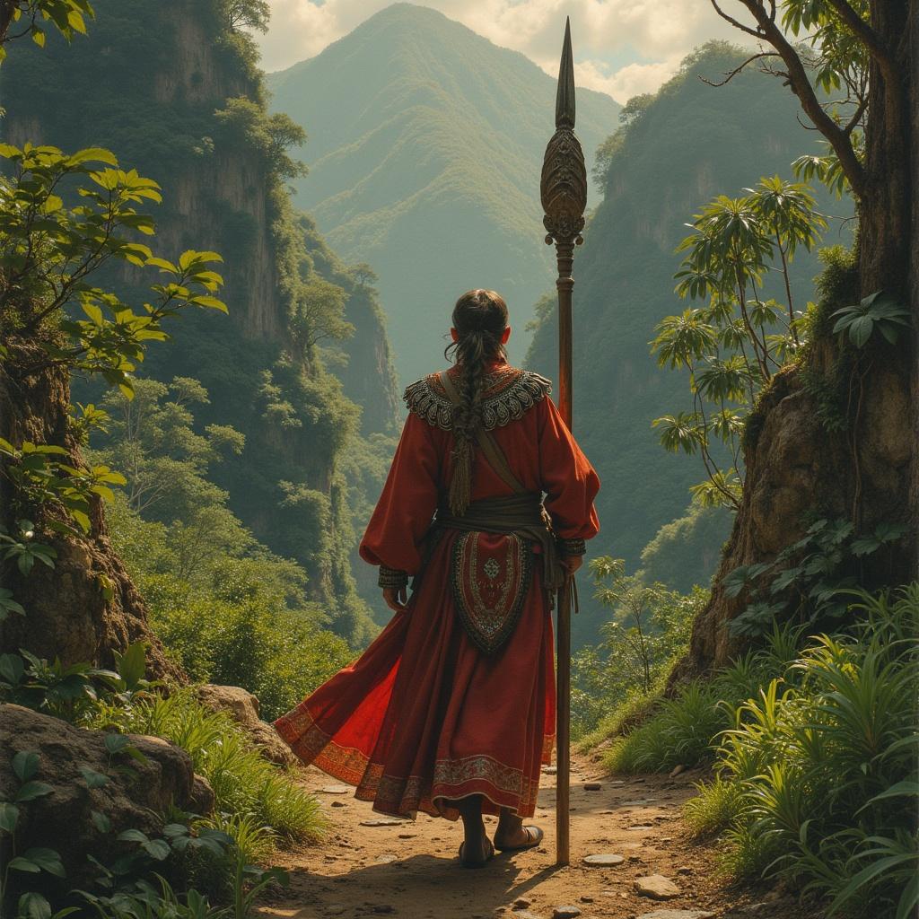 Figurative representation of a legendary hero in Java. The figure is dressed in vibrant traditional attire holding a spear. Lush, green mountainous landscape is visible in the background, creating a sense of adventure.