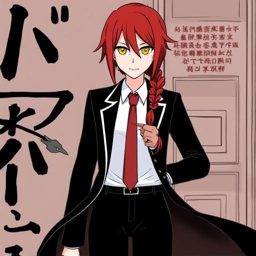 Character with red hair in a braid wearing a formal suit and necktie. She has yellow ringed eyes and a confident expression. The character is depicted in a full-length pose, set against a simple background.