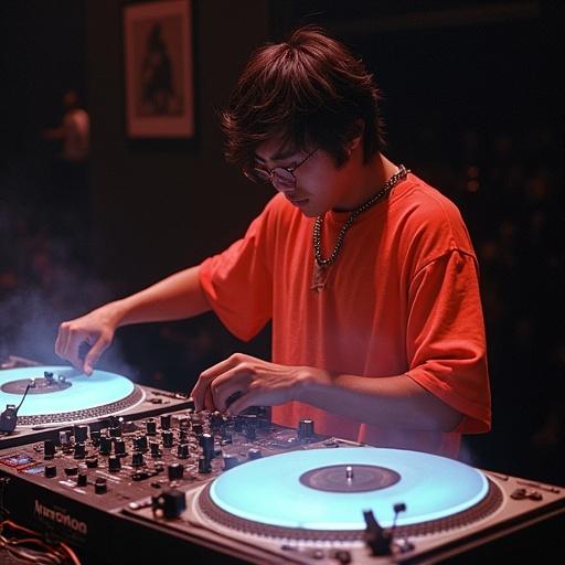 DJ playing music. Bright turntables illuminate. Fast hand movements on equipment. Setting at music event. Engaging audience with performance.