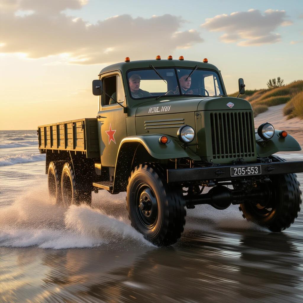 Ultra realistic action photography of a 1954 Soviet military truck driving at high speed along an ocean shoreline. Truck is olive drab. Left wheels are churning through ocean waves creating violent water splashes. Right wheels are on wet sand. Setting is a sunset with stormy ocean and dramatic clouds. Shot with a f/1.4 aperture to create shallow depth of field. Image captures hyperrealistic textures and frozen water droplets at high shutter speed.