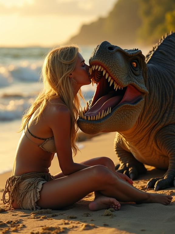 A blonde jungle warrior girl sits on the beach beside a sleeping tyrannosaurus rex. She is cross-legged and glistening with sweat. The warm sun casts a golden glow. She kisses the dinosaur's snout, her fingers touching its scales. Vivid colors and cinematic appeal in a photorealistic style.