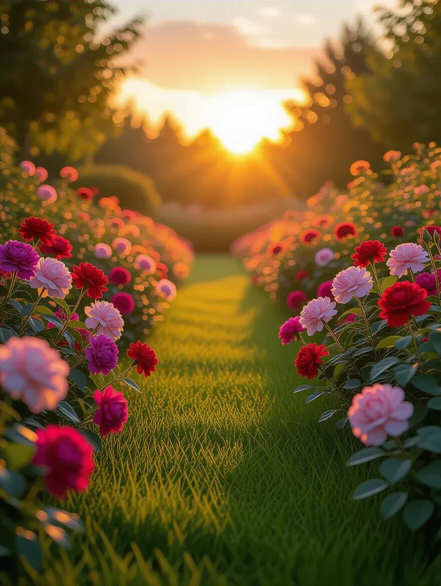 Garden filled with colorful flowers at sunset. Warm golden and pink hues fill the scene. Professional photographic style captures the beauty of roses, peonies, and carnations in detail. Realistic grassy textures create a natural look. Central area free for addition of a person. Blurred background features trees and soft lights. High detail image in 8K resolution. Dreamy atmosphere enhances the harmonious composition.