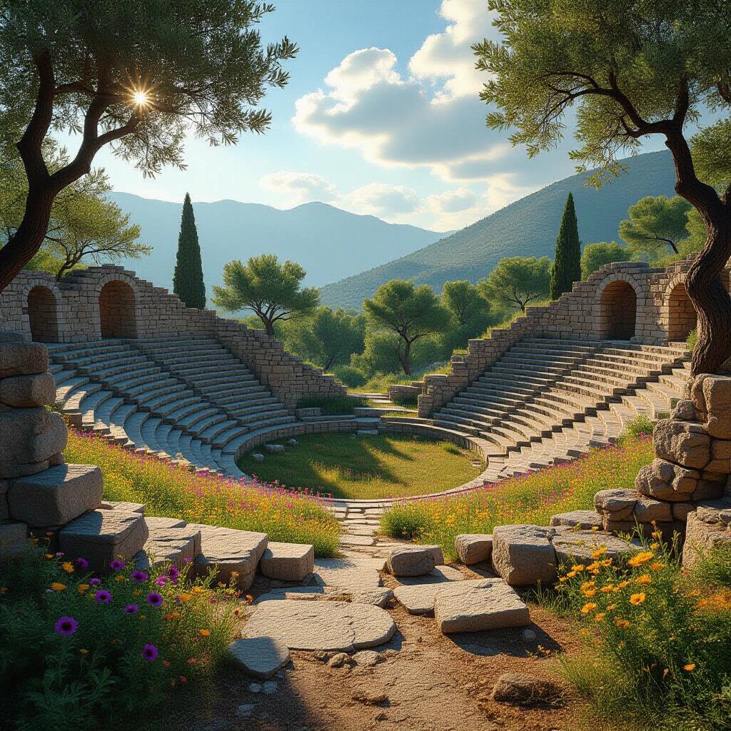 Crumbling remains of an ancient Greek amphitheater set in a green valley. Surrounded by wildflowers and towering ancient trees. Scene captured in hyper-realistic detail. Cinematic lighting highlights the structure. Shot in high resolution.