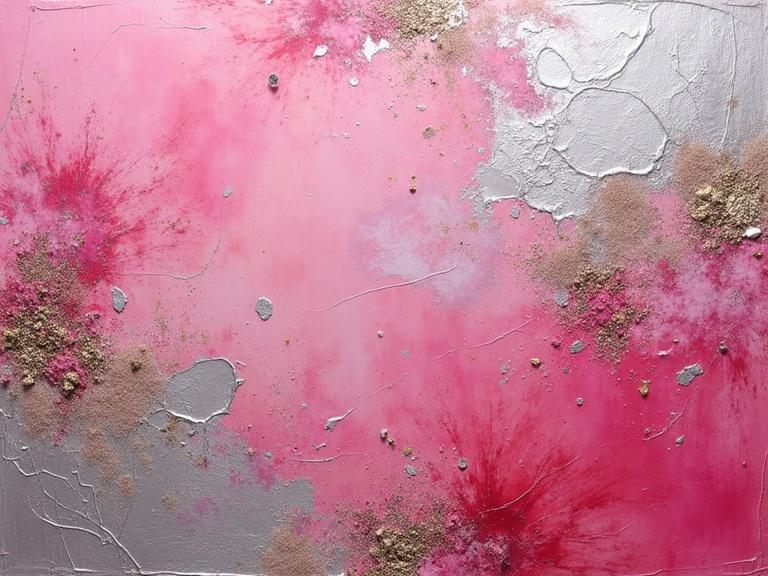 Vibrant pink abstract art. Thick textured impasto style. Mixed media with materials like newspaper and wood. Incorporates elements like jute fibers and glittering confetti. Close-up view showing layered textures. Digital creation with silver accents.