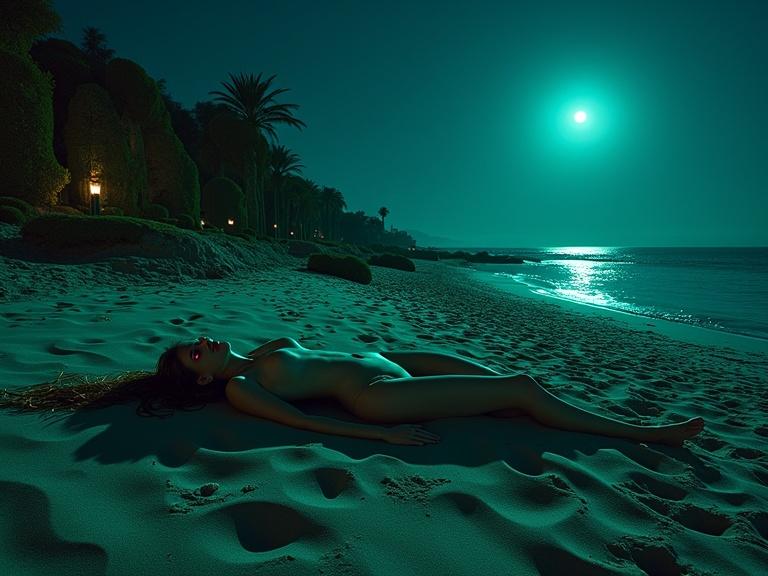 Topless woman lying on a beach at midnight near the Caspian Sea. Bioluminescent golden sandcastle appears like a sculpted Naqsh-e Jahan Square. Crumbling Persian pleasure garden half-buried in dunes, adorned with twisted topiaries shaped like divs and ruby-eyed owls. Black tulips with neon blue veins whisper in the wind. A cracked qanat spills black liquid against the tide. The moon casts double shadows resembling the Faravahar symbol. Art style is Zoroastrian gothic with surreal details.