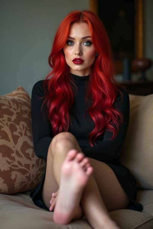 A beautiful adult woman with long wavy red hair sits on a stylish couch. She wears a fitted black dress. Her bare feet rest on a cushion showing her clean soles. The setting is a contemporary living room. She decorates her feet with toe rings and anklets.