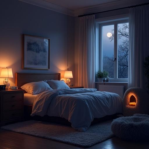 Cozy nighttime bedroom scene featuring a large bed with a soft comforter and plush pillows. Wooden nightstand next to the bed with a book and digital clock showing 3:00 AM. Cat house with cushy bed in the corner. Window slightly open allowing moonlit glow. Peaceful and warm ambiance with subtle lighting from nightlight.