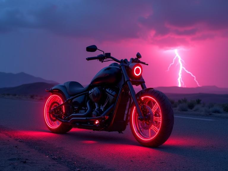 Futuristic black Chopper motorbike parked on an abandoned road in a desert scene at sunset. Lightning and thunder in the distance. Dramatic colored lights on the motorbike with a laser light trail effect. Fog and rain effects for mood.
