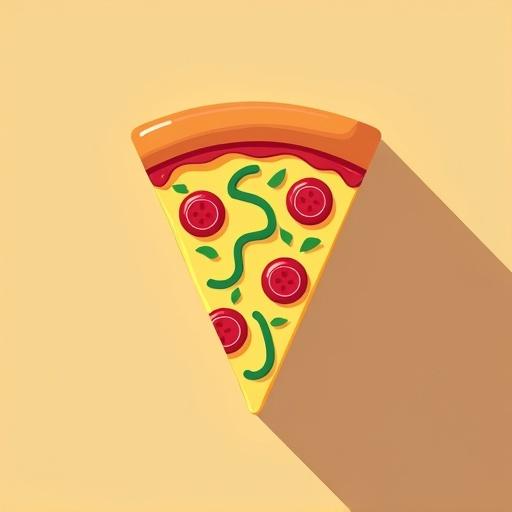 High-quality flat cartoon vector illustration of a pizza slice with clean lines and solid colors. Pizza is isolated on a contrasting beige background in modern minimalist style. No outlines and no shadows are present.