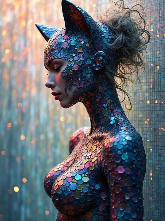 A woman dressed in a multi-layered iridescent catsuit made of ceramic tiles and glass mosaics. The artwork is ethereal and abstract, showcasing hyper-detailed elements. The background is foggy with a soft glow. This is a close-up profile view.