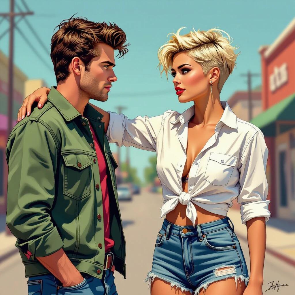 A comic style image features two characters. A young confident woman stands face-to-face with a classic Hollywood male figure. She has short punk-styled hair. One hand on his shoulder. She wears a knotted white shirt and ripped denim shorts. A motorcycle is in the background. The colors are vivid and realistic. Strong contour lines define the artwork.
