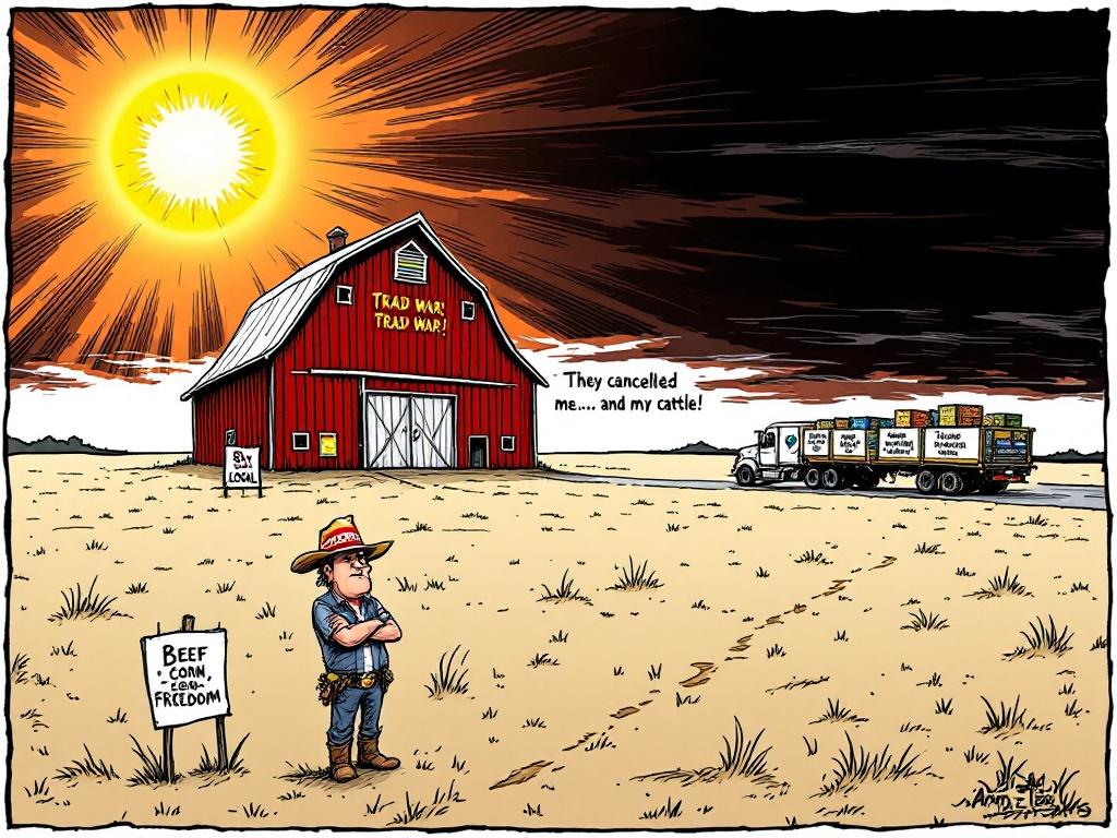 Political cartoon depicting a farmer with a MAGA hat standing in front of a red barn. A deserted farm stand is labeled Buy Local. The farmer frowns at the stand while a truck marked Urban Co-op Market drives away. The truck is hauling crates of Brazilian soy and plant-based products. A tumbleweed rolls past. The farmer’s speech bubble says they cancelled me and my cattle.