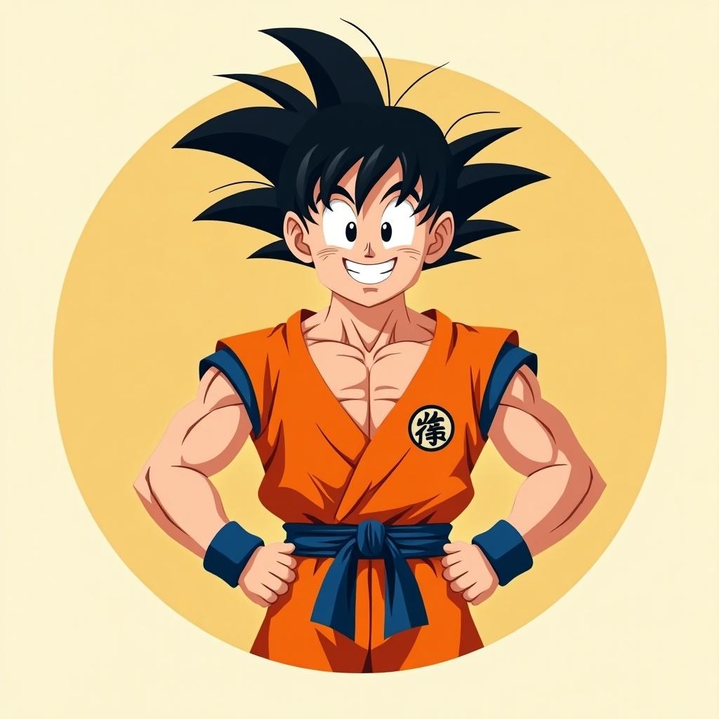 Retro flat 2D vector illustration of Son Goku in a circle, showing his muscles with a confident smile and wearing his iconic orange gi.