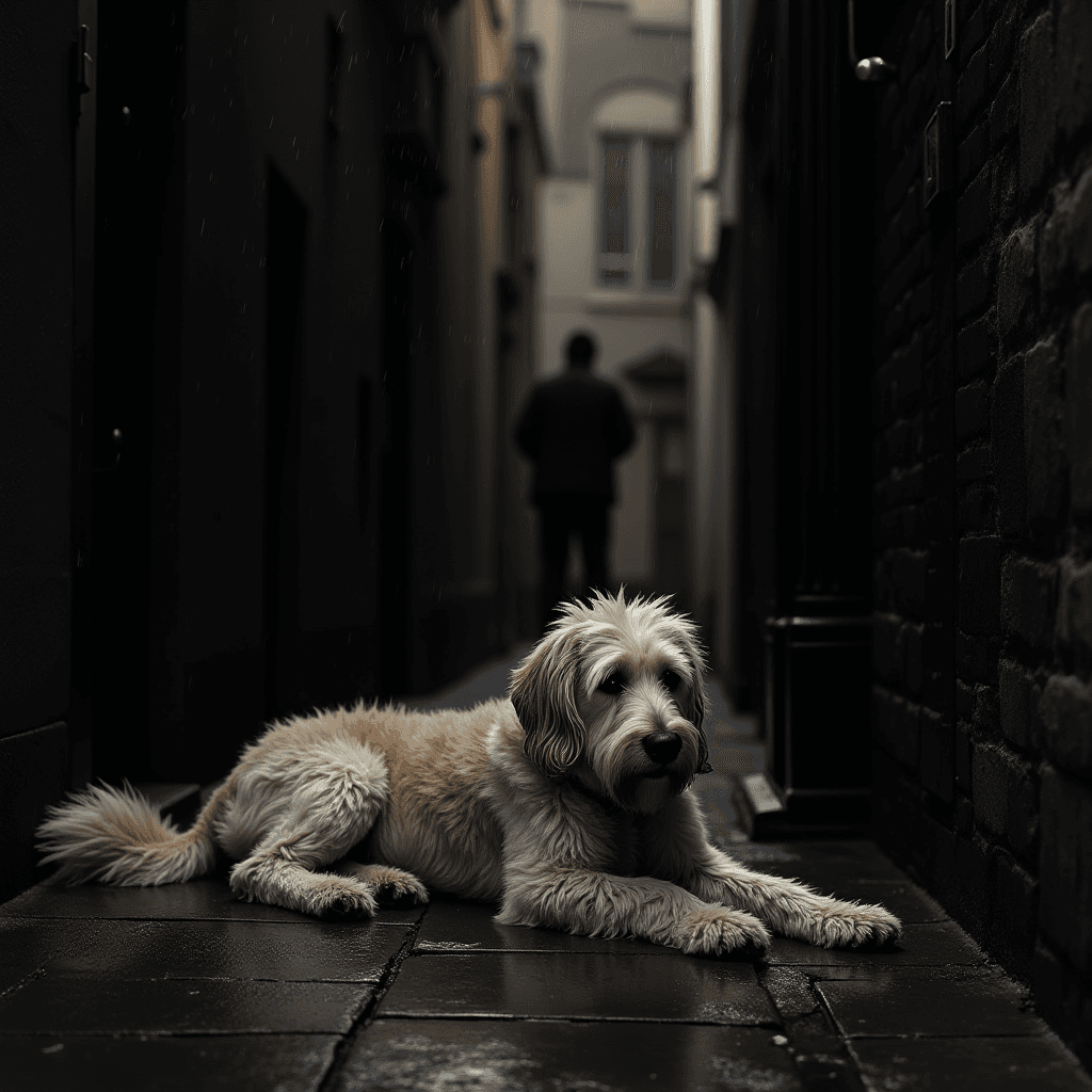 A fluffy dog lies on a wet stone path in a narrow alley, with a person walking away in the background.