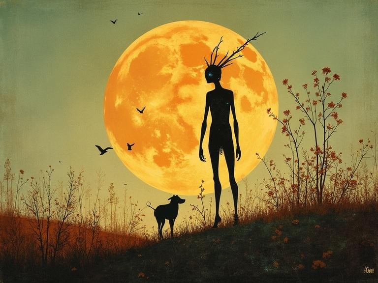 A silhouette of three children holding hands in front of a large black tree. The tree has a bright red circle in the background resembling the sun. The sky has colors of sunset with shades of orange and muted green. Birds are flying across the scene.