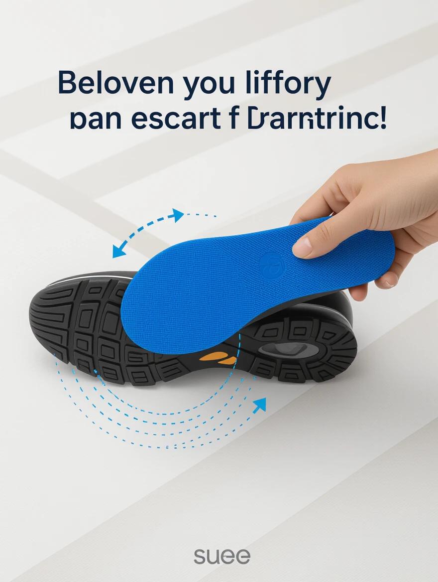 Color blue insole shown being slid into a black shoe. Focus on the action of insertion demonstrating usability and design.