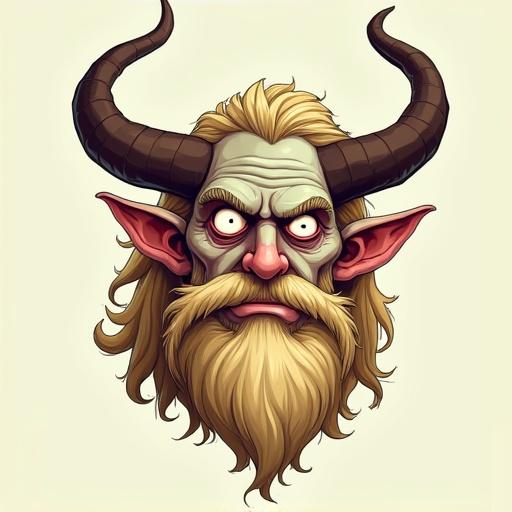 Cartoon caricature of a middle-aged zombie man's head. He has fair skin and long curly light blonde hair. He has a full curly light blonde beard and mustache styled in a handlebar fashion. He features large curved dark brown horns and small pointed elf-like ears. His expression is serious and his gaze is direct.