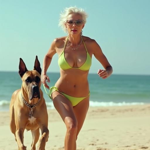 Realistic image of a woman running on the beach with a Great Dane. The woman has short platinum blonde hair and wears a lime green micro thong bikini. The dog is light brown. The scene captures a sunny day at the beach.