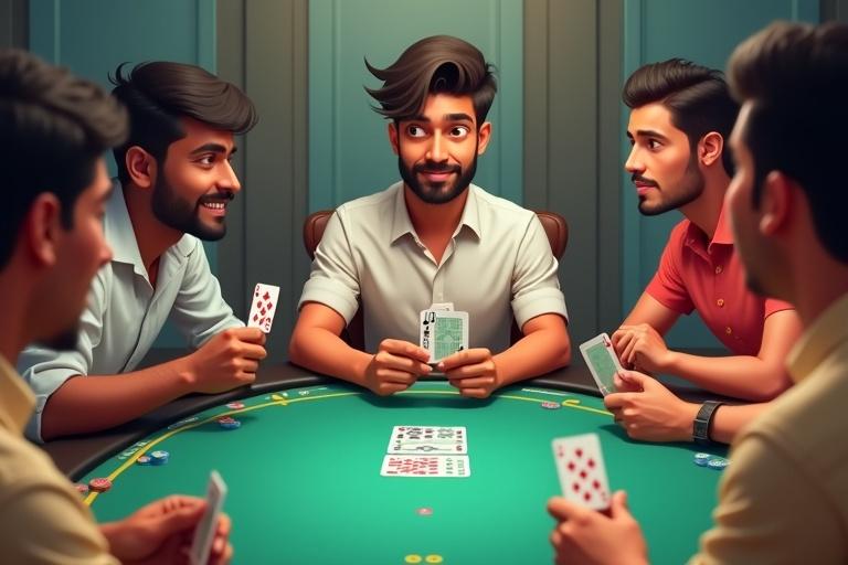 Lively 2D scene of diverse individuals engaged in a rummy game. Characters seated around a table, holding cards with backs visible to opposing players. Emphasize strategic gestures, hands at chests. Modern 2D cartoon style. Slightly overhead camera angle shows interactions. Characters display exaggerated expressions. Central card deck and discard pile present. Uniform marine-colored card backs. Discard pile shows top card. Include scorecards and chip stacks. Soft directional lighting for texture. Mood of friendly competition.