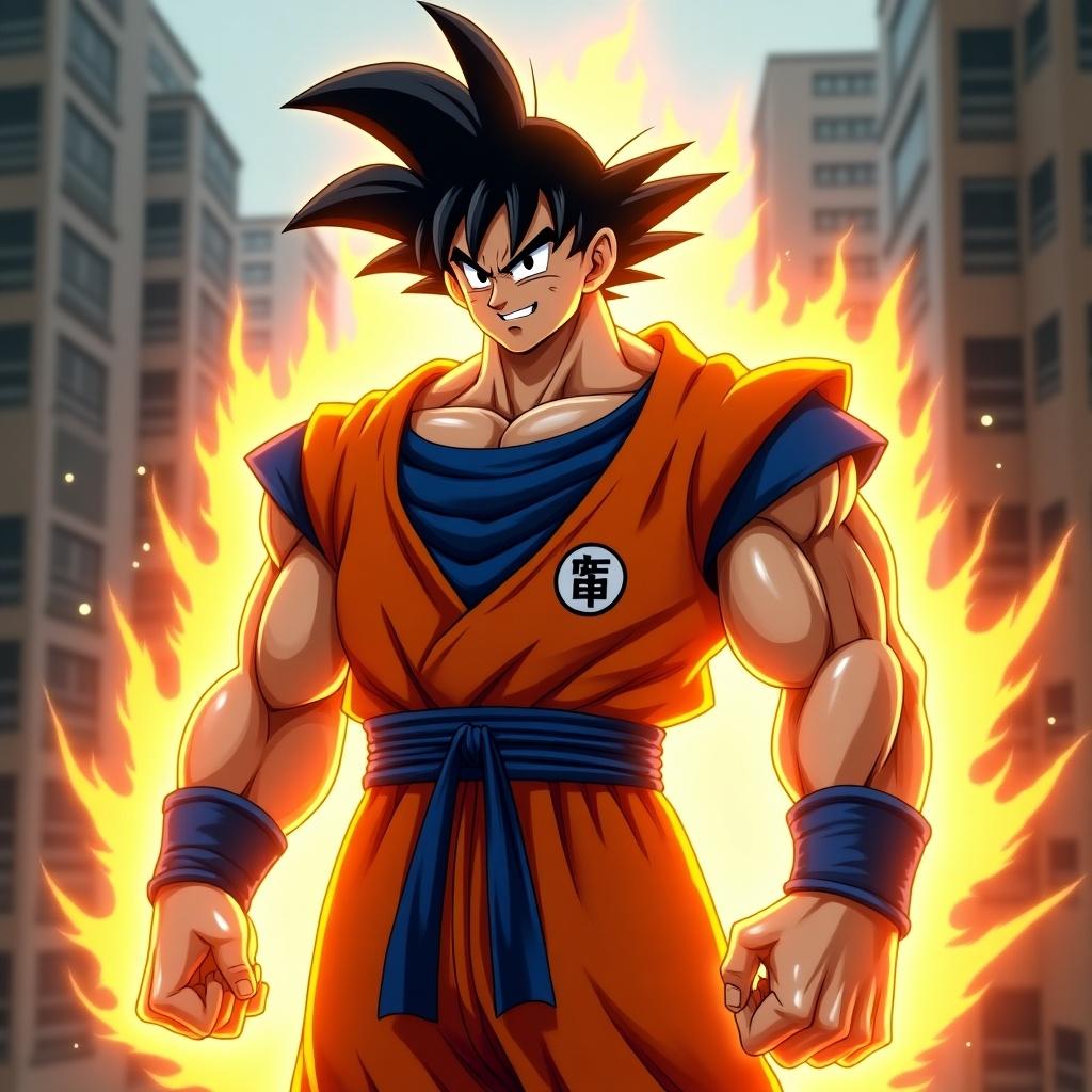 The image depicts a powerful character, a fusion of two iconic heroes: Goku and Hulk. He stands confidently, showcasing his muscular frame that radiates strength. The vibrant orange flames surrounding him highlight his energy. Dressed in an orange and blue outfit, he embodies the essence of the characters he's fused with. His fierce expression demonstrates determination and power. The backdrop features a dramatic cityscape, emphasizing the intensity of the scene. This digital artwork captures an extraordinary fusion in a vivid fantasy setting.