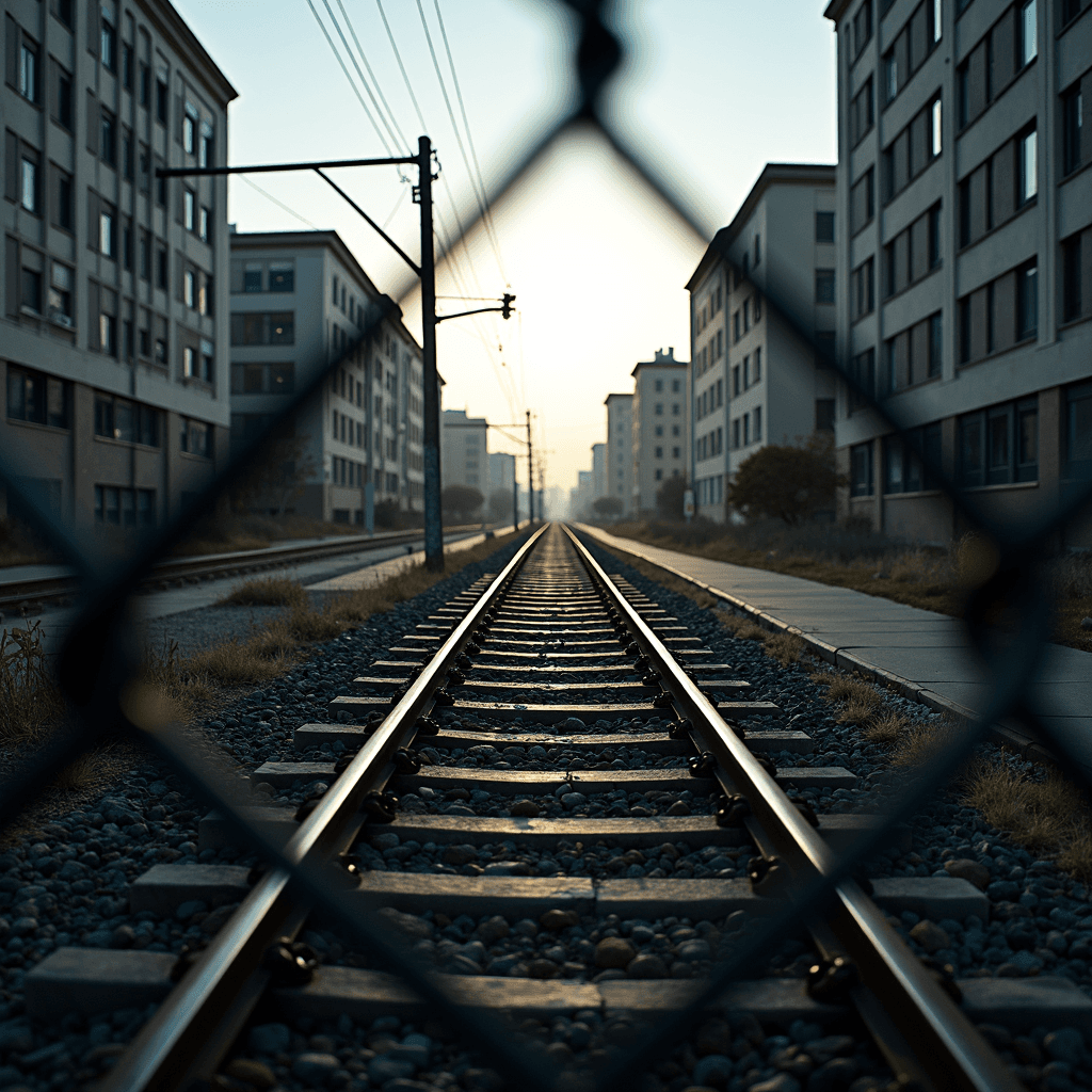 A railway track runs straight through a city landscape, viewed through the diamond pattern of a chain-link fence, with buildings on both sides.