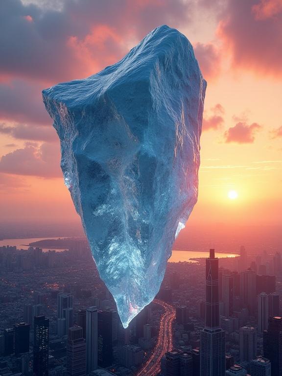 A colossal crystal-clear iceberg floats in the sky over a modern city during sunset. Warm orange and purple hues from the sun contrast with the iceberg's cool blues and whites. The shot captures the iceberg's immense scale compared to the skyscrapers. Intricate ice textures and light refractions are visible. Hyperrealistic detail and cinematic lighting.
