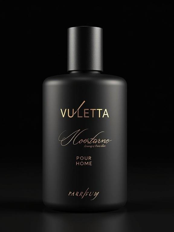 Photo-realistic image of a sleek modern perfume bottle with frosted glass finish and matte black cap. Bottle exudes sophistication and elegance for a nocturnal fragrance. Label reads 'VULETTA' in bold font, 'NOKTURNO' in flowing script below, 'POUR HOMME' in refined font. At the bottom, 'PARFUM' in gold foil. Background is minimalist and dark, evoking night and sophistication.