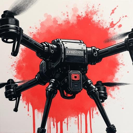 Close-up ink painting of a surveillance drone quadrocopter. Style inspired by Blame! and Half-Life 2. Predominantly red and black colors. Represents a biomechanical nightmare aesthetic.