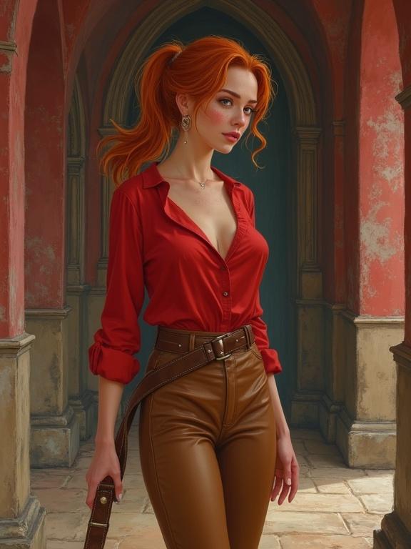 A ginger thief in a red blouse and tight tan leather trousers walking in a mansion corridor. The scene features detailed architecture with red and tan tones. Character displays freckles and wavy copper hair in a ponytail. Background shows a beautiful mansion interior.