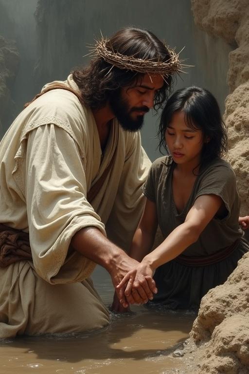 Classic oil painting or digital art showing Jesus extending his hand to a woman in mire. Rich colors, strong chiaroscuro, dramatic atmosphere. Jesus has a crown of thorns, dressed in textured robe. Woman in mud-stained clothing is trapped, showing despair yet hope.
