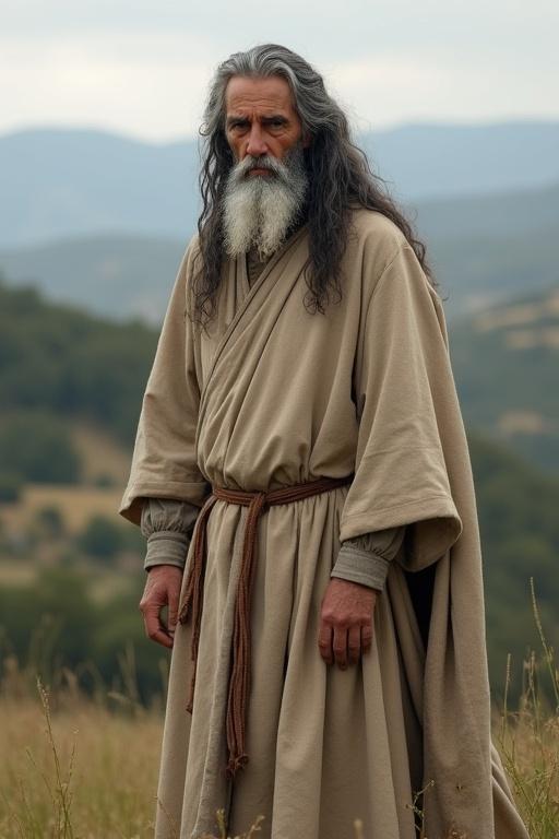 An old ascetic priest has long grey black hair and a short beard. He is dressed in a natural-colored ceremonial robe. He stands on a hill in southern France. He appears stern and wise.