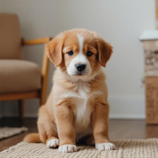 A puppy is sitting in a room. The puppy has fluffy fur and an attentive expression. The room has a cozy feel with a soft rug and a wooden chair.