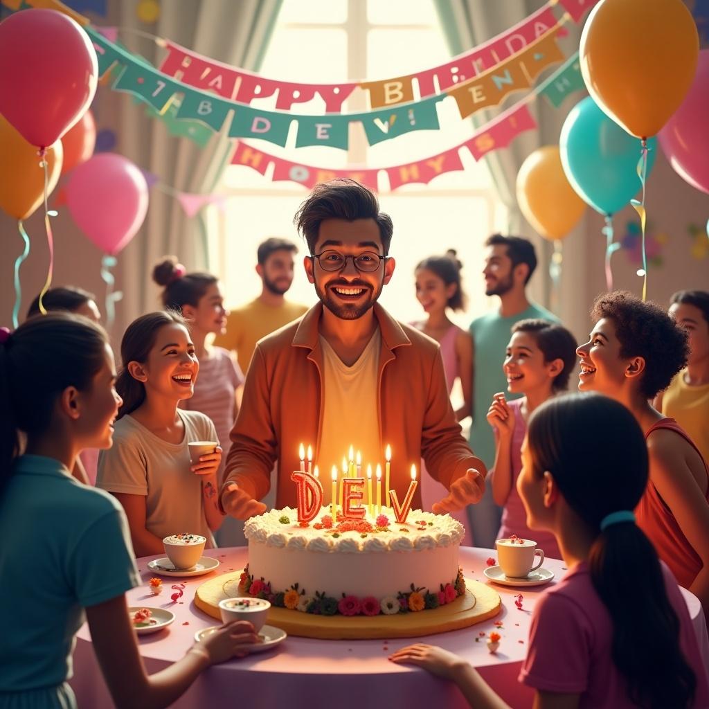 Birthday celebration scene with joyful children around a decorated table. A large birthday cake adorned with candles and the name 'Dev' takes center stage. Colorful balloons and festive decorations enhance the cheerful atmosphere. Voices filled with laughter and excitement among attendees.