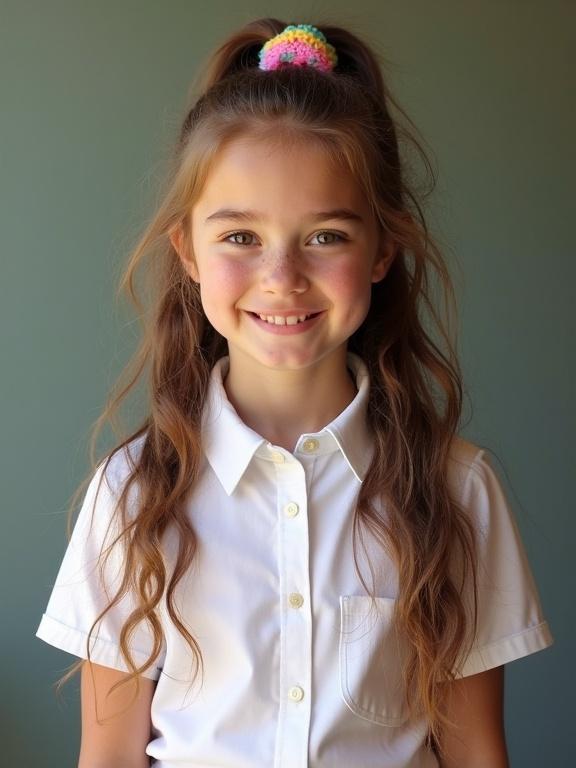 Girl with long wavy chestnut hair in a messy ponytail. Wearing a white blouse. Smiling with hazel eyes and freckled cheeks. Soft light. Simple background.