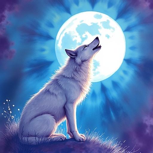 Vibrant t-shirt design features a tie-dye background in blue and purple. Watercolor-style wolf howls at the moon in white and gray. The wolf integrates into the tie-dye with abstract brushstrokes. Bohemian aesthetic for sublimation printing.