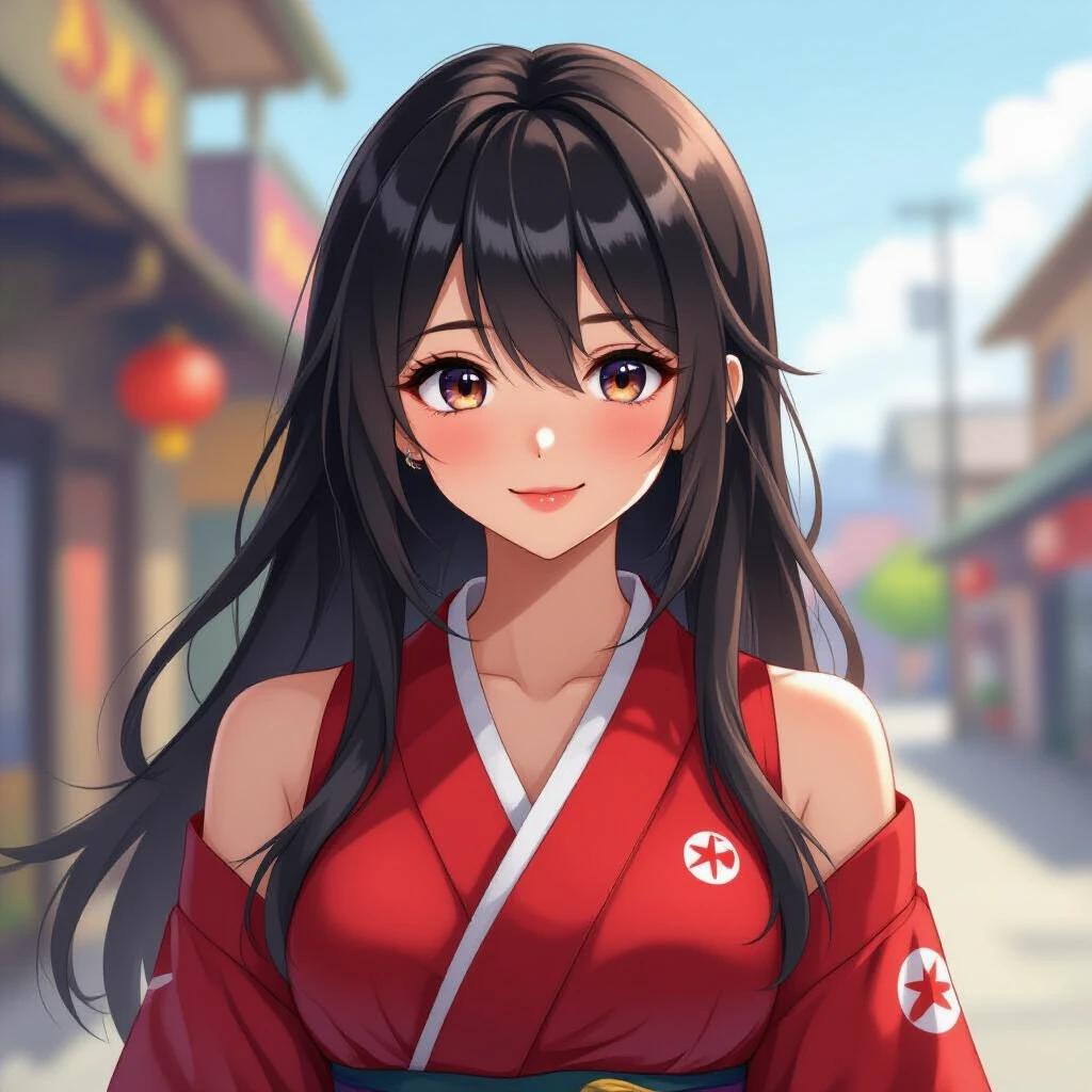 A young girl wearing a traditional Japanese outfit stands in a vibrant marketplace. She has long dark hair and wears a red kimono with stylish details. The background features market stalls creating an inviting atmosphere.