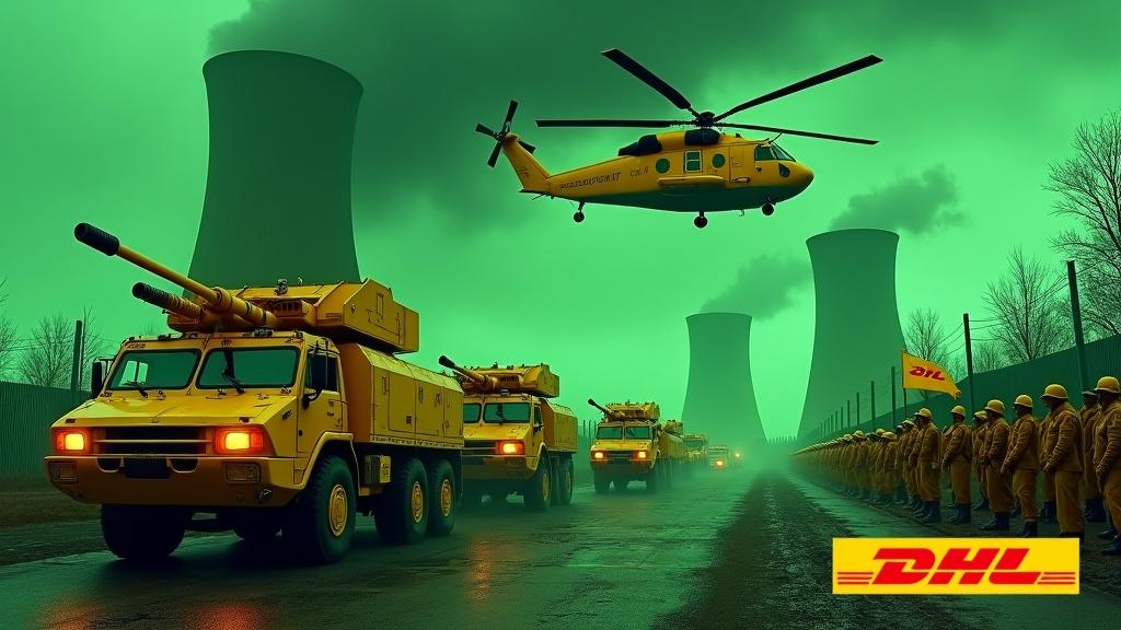 In a dramatic scene with a strong militaristic theme, several large yellow armored cars with cannons approach a fence. The cars prominently feature the DHL logo, highlighting a unique promotional angle. Nearby, soldiers dressed in yellow uniforms march in formation, showcasing discipline and unity. One soldier holds a flag with the DHL logo, reinforcing the brand's presence. In the background, smokestacks from a nuclear power plant cast an ominous green hue over the landscape, intensifying the mood. Above, a large yellow Chinook CH-47 helicopter flies, adding to the action of the scene. This imagery combines elements of military might and corporate branding in a striking visual.