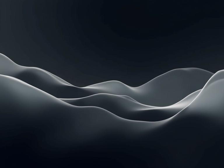 Abstract design features soft waves against a very dark background. Colors include varying shades of white and light gray. The aesthetic is smooth and minimalist. The image conveys depth and fluidity. Ideal for backgrounds or design elements.