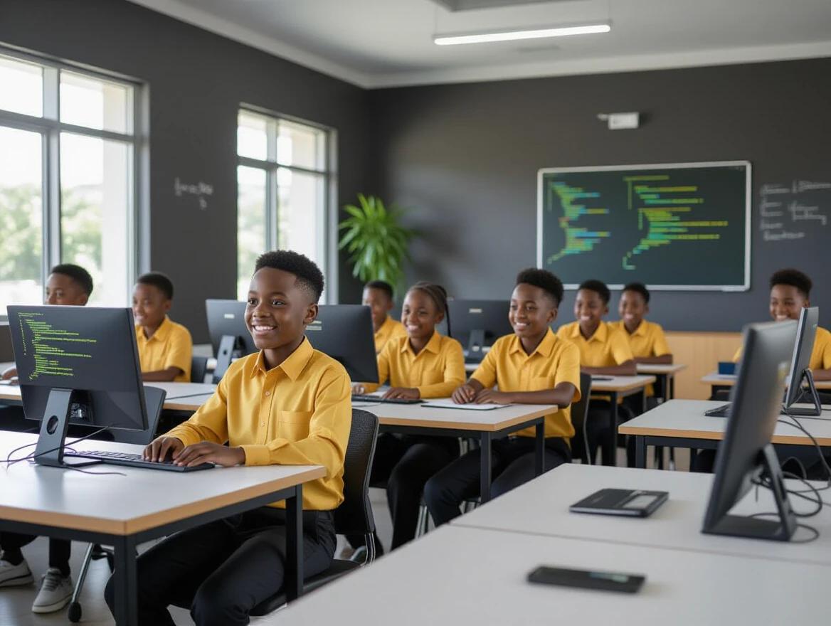 Nigerian primary school classroom with students wearing gold shirts and black trousers. Modern features are visible including computers and interactive technology. Students are focused on coding and artificial intelligence activities.