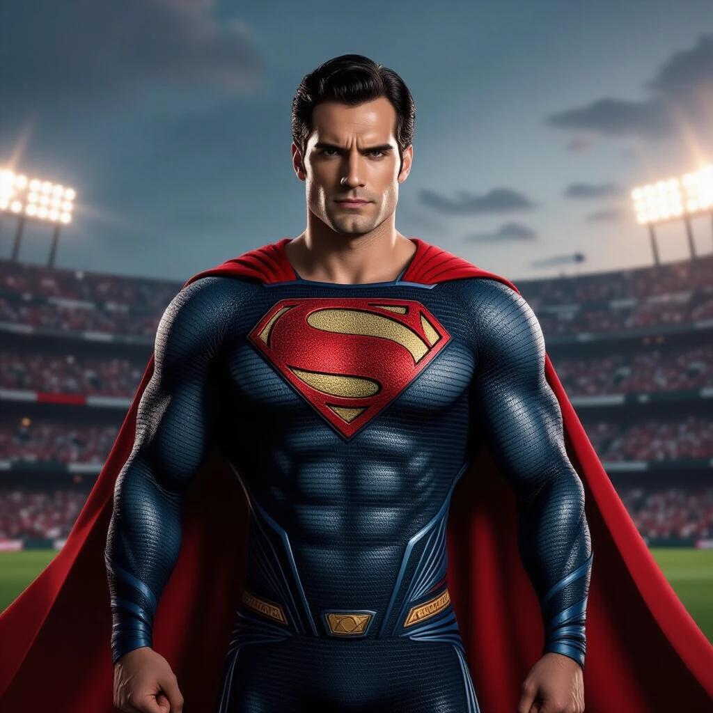 A superhero in a blue suit with a red cape. The superhero embodies the colors red and black inspired by Flamengo Football. The figure stands confidently in a stadium filled with sports fans.