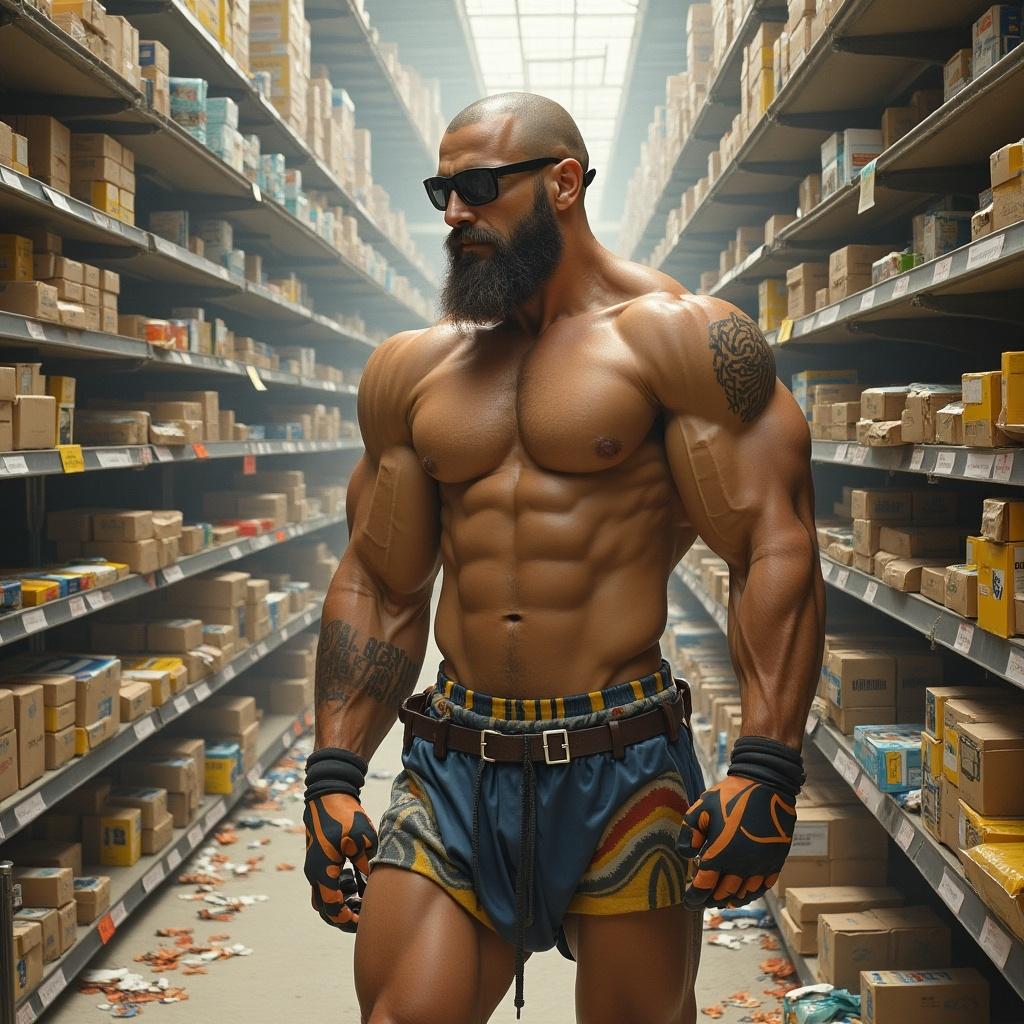 Muscular man stands confidently in a grocery store aisle. He has tattoos and wears shorts. The background shows shelves filled with products. The lighting creates a strong focus on his physique.