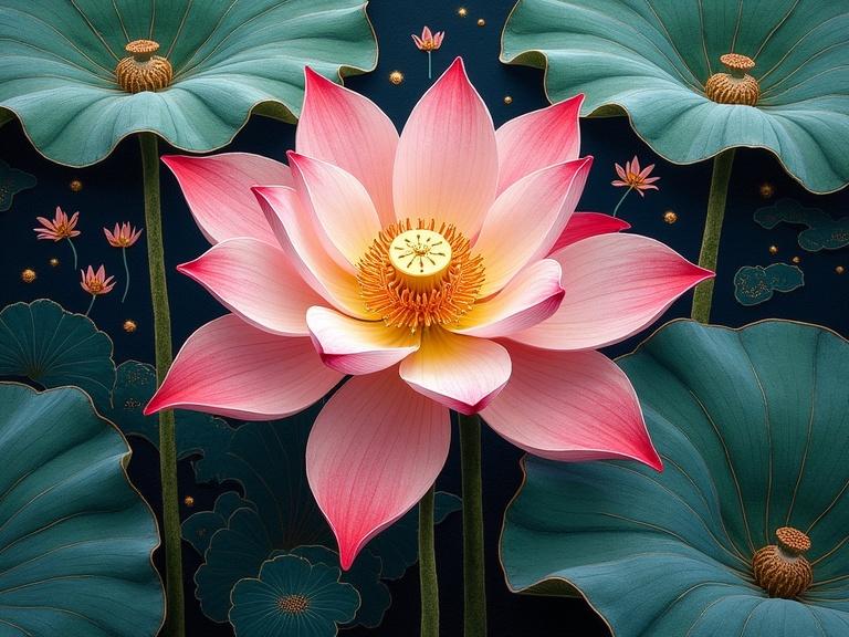 Gorgeous lotus flower crafted with meticulous Chinese silk embroidery. Intricate details and textures. Stunning design on brocade fabric.