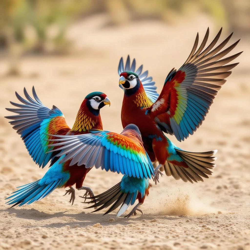 Two colorful birds are depicted in a lively interaction displaying their feathers. Vibrant colors enhance their appearance. The setting is natural with a sandy background, suggesting a playful moment or territorial display.