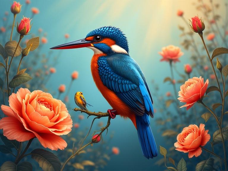 A kingfisher bird with blue and orange hues in a rose garden scene. The bird is perched on a branch. Vibrant roses surround the bird. Soft background with a dreamy feel. A small fish is nearby in the setting.