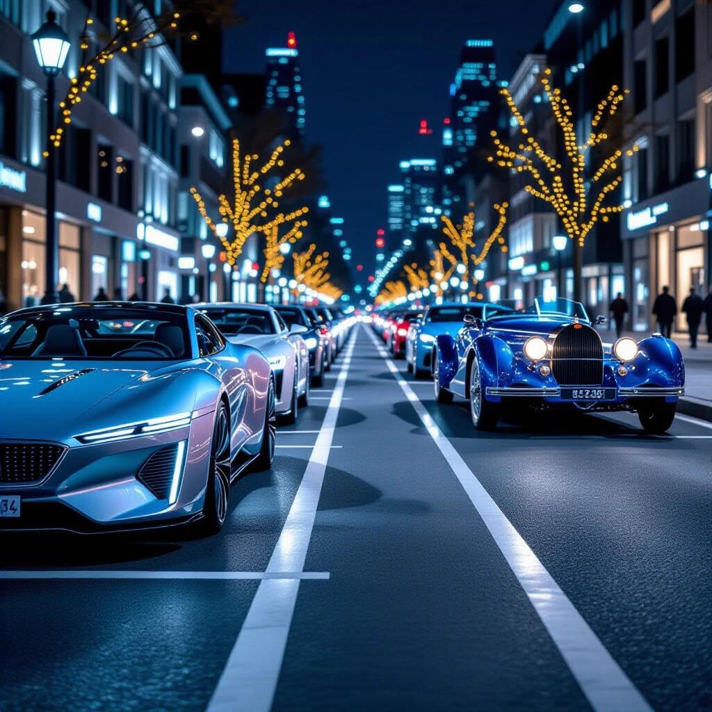 Photorealistic city scene with modern self-driving pods and vintage Bugatti. Cars aligned at 45° angle. Extreme bokeh effect in foreground with focus on Bugatti in the background. Scene illuminated by sodium-vapor street lamps. Light rain creates reflections. Twilight atmosphere adds depth and ambiance.